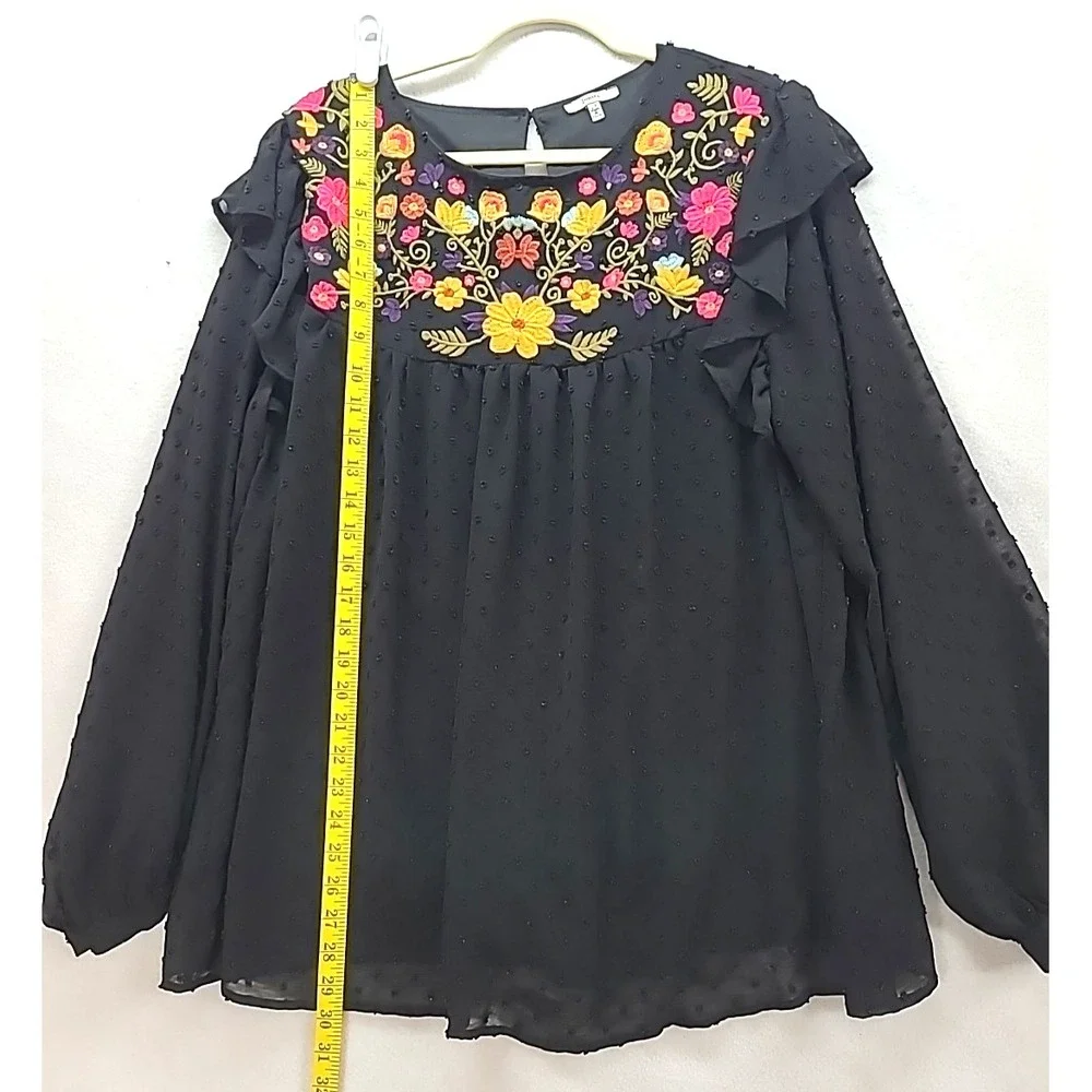 Womens 2X Peasant Blouse Embroidered Yoke Top Chenille Dots Lined Boho Hippie - Picture 7 of 10
